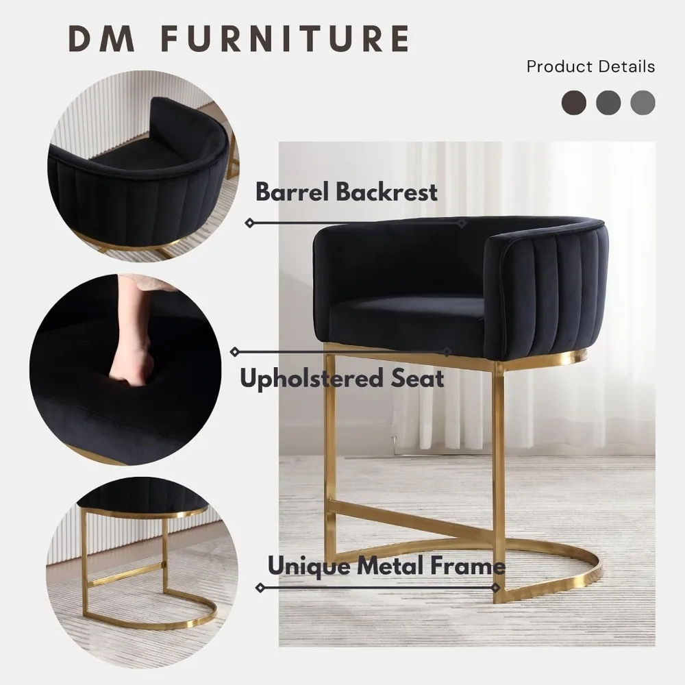 Modern Counter Altura Bar Stools, Velvet estofados Barrel Stool, cadeira com braço e pernas de metal dourado, Kitchen Island, 24"