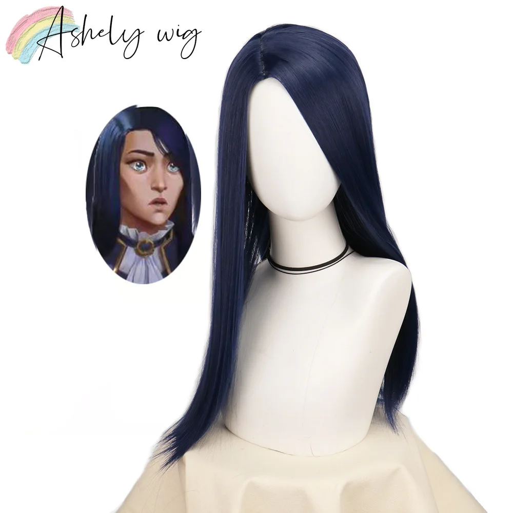 

Arcane Caitlyn Cosplay Wig Anime 18inch Dark Blue Long Straight Heat Resistant Synthetic Hair The Sheriff of Piltover Wigs