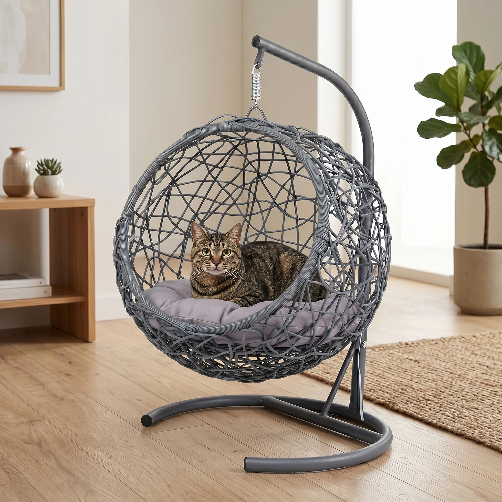 Hanging Egg Chair - Katzenschaukelbett mit Ständer, Rattan-Weiden-Eierstuhl mit Kissen,