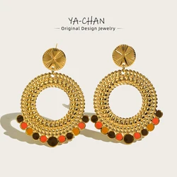 YACHAN PVD 18K Gold-Plated Stainless Steel Drop Earrings for Women Geometric Metal Texture Enamel Trendy Jewelry