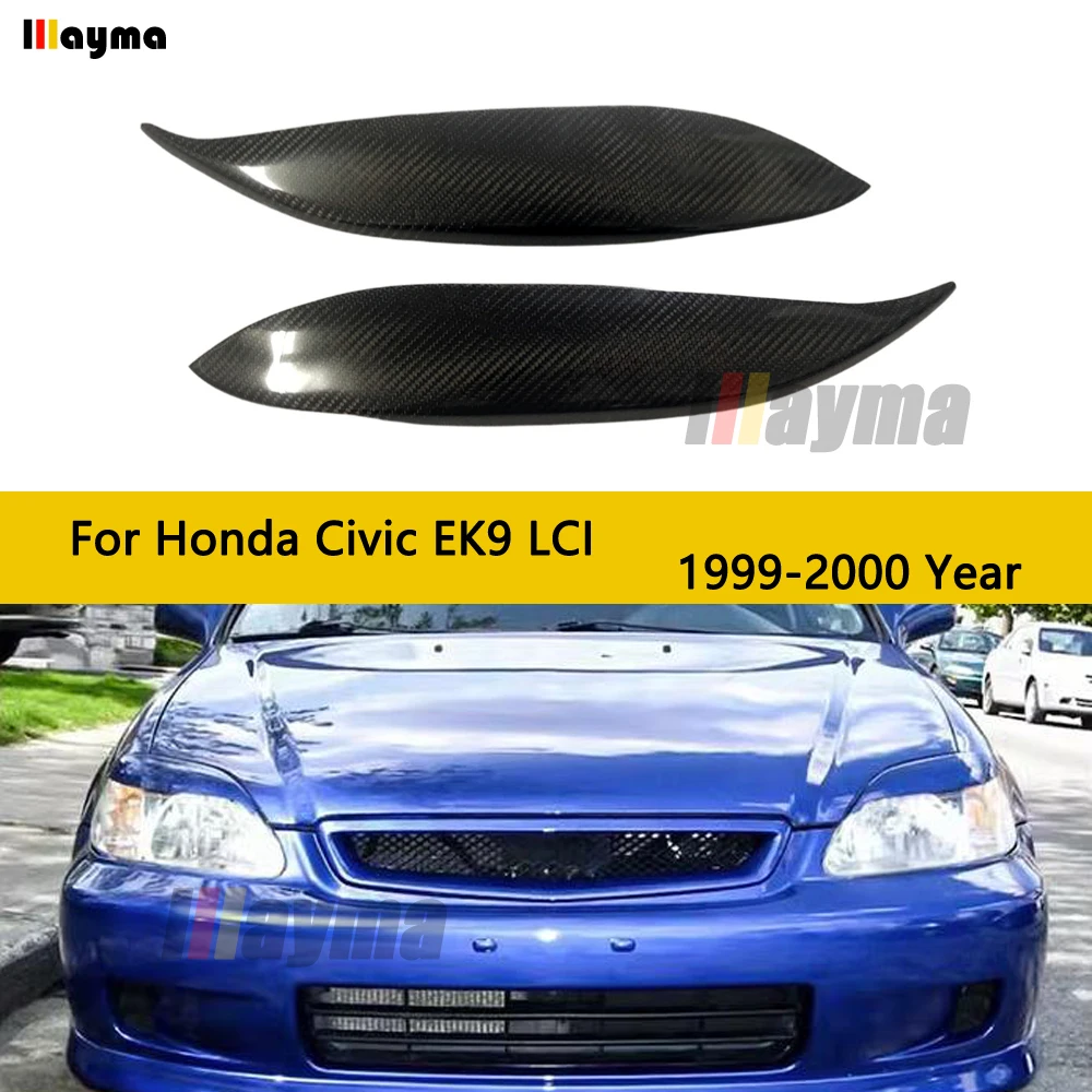 2Pcs Real Carbon Fiber Headlight Eyebrows Eyelids for Honda Civic EK9 1999 2000 Front Lamp Brow Sticker Car Exterior Accessories