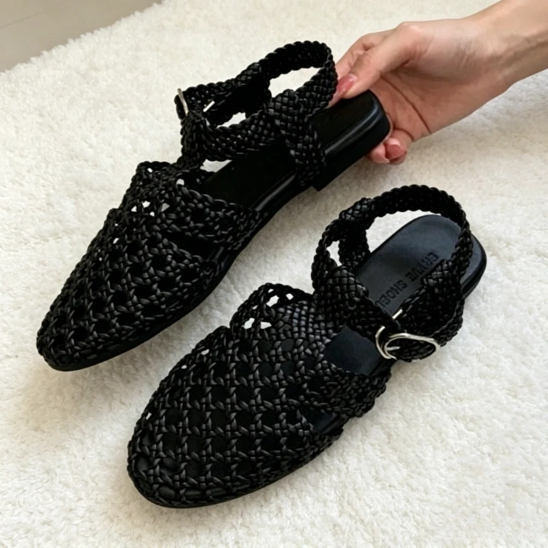 Handmade Woven Hollow Mesh Flat Sandals Women Fashion Ankle Strap Buckle Gladiator Sandals Summer Breathable Elegant Women Shoes