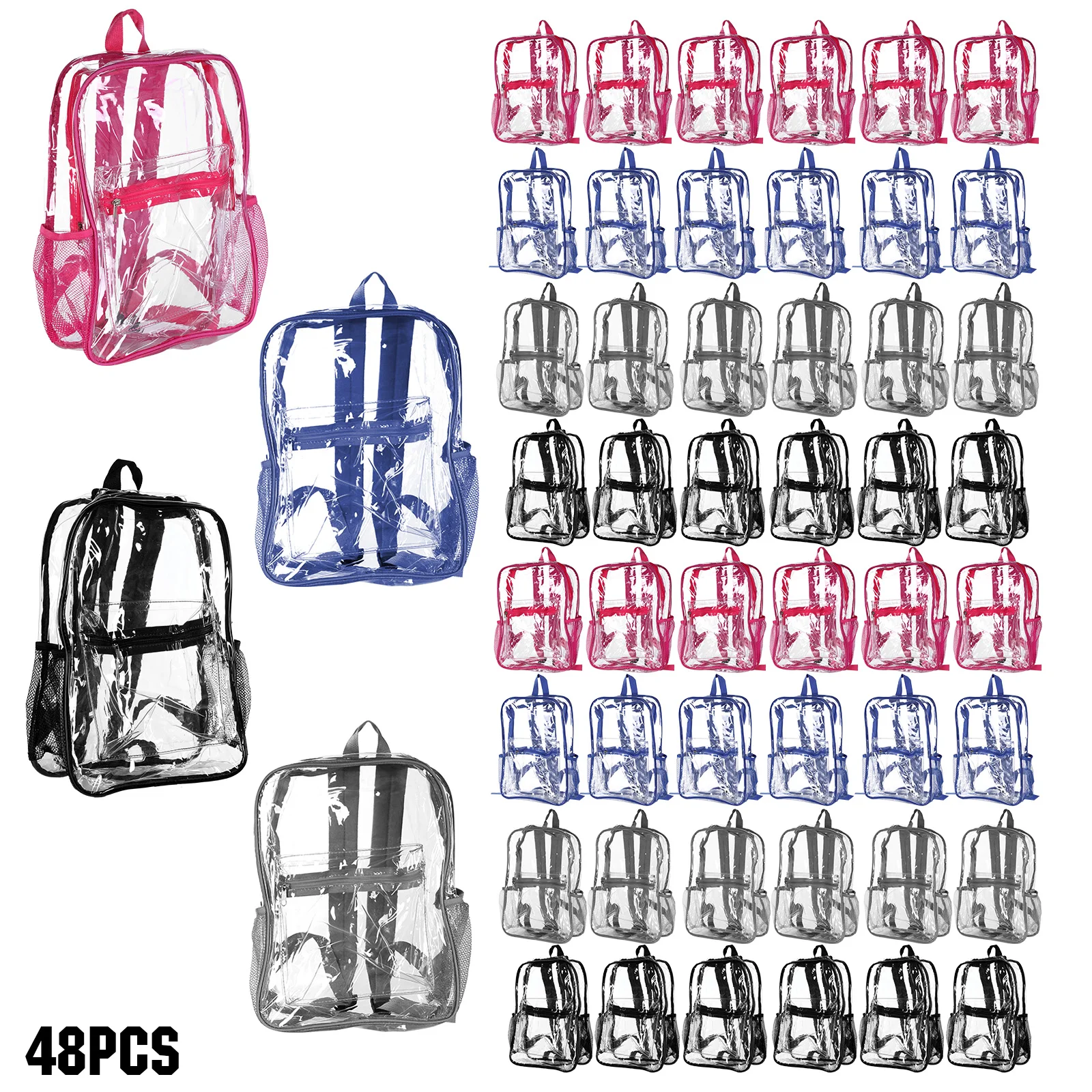 

48/72 Pack PVC Transparent Bookbags Heavy Duty See 15 Inch Transparent Backpack for College Travel Sport Work Stadium Approved
