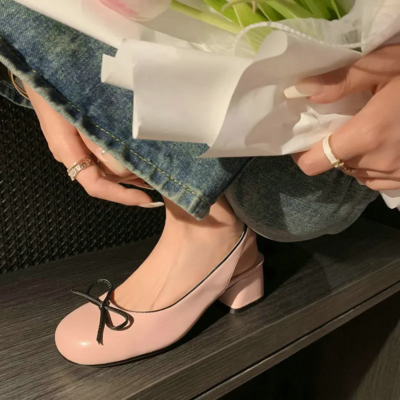 Genuine Leather Sweet Bowtie Knot Lady Summer Slingback Shoes Silver Pink Light Purple Square Chunky Heels Women Luxury Sandals