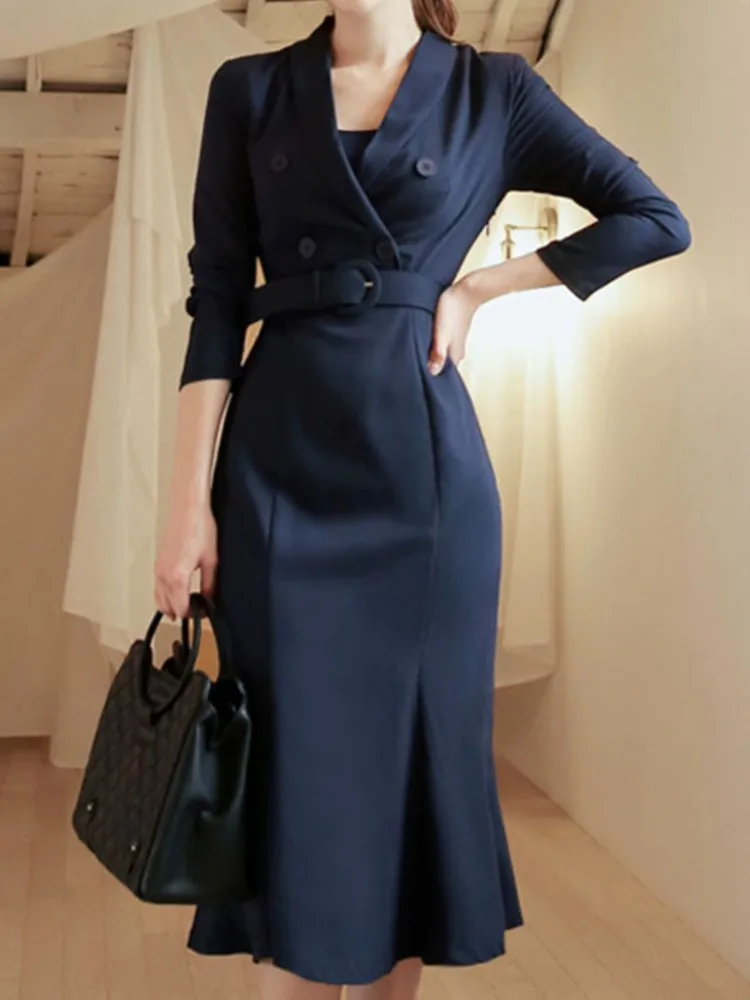 New Elegant Chic Office Women Dress Spring Long Sleeve Solid Vintage Business Belted Vestidos Female Clothes Long Party Robe