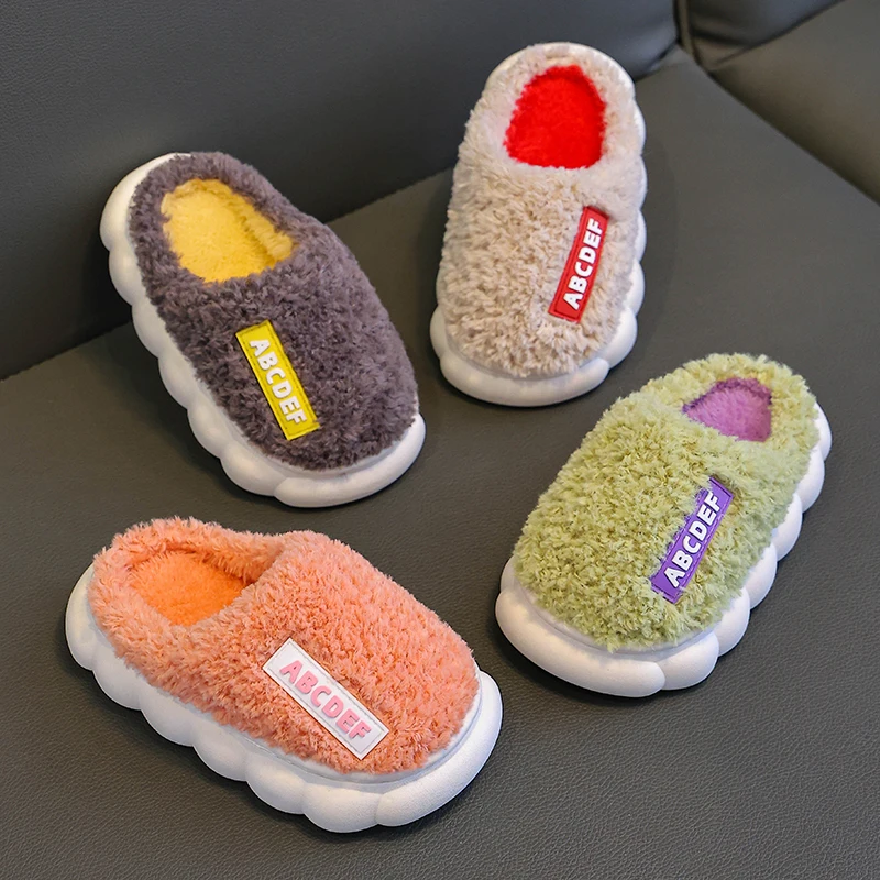 Fashion Concise Winter Warm Indoor Closed-toe Mule Soft Non-slip Kids Fluffy Slippers For Girls Boys Children Home Cotton Shoes