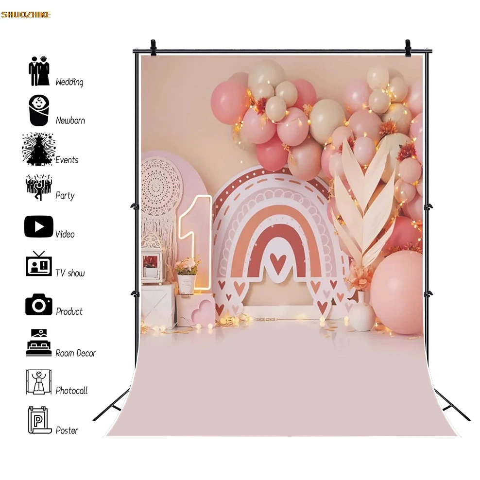 Baby Birthday Party Photography Backdrop Boy Girl 1st Birthday Balloon Flower Wood Floor Child Portrait Background Cake Smash