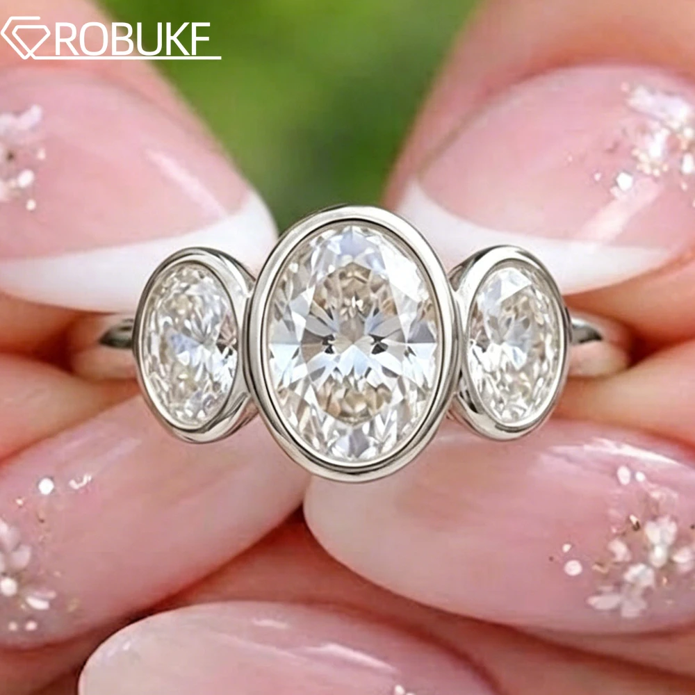 

2.5cttw Oval Cut Moissanite Rings for Women Three-Stone Bezel Set Trilogy Ring S925 Silver Jewelry Wedding Band With Certified