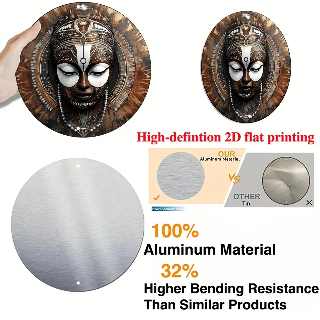 2D Flat, African Mask Wall Art - 20.32X 20.32cm Round Aluminum Metal Tribal Beaded Mask, Decorated with Coins and Cultural Patterns - H view 3