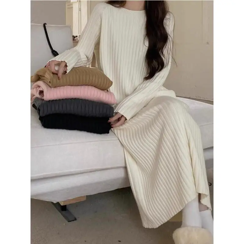 

Winter Knitted Skirt Loose Fit Long Sleeve Dress Women Casual Solid Color Midi Dress Lazy Temperament Mid-Length Wool Dress