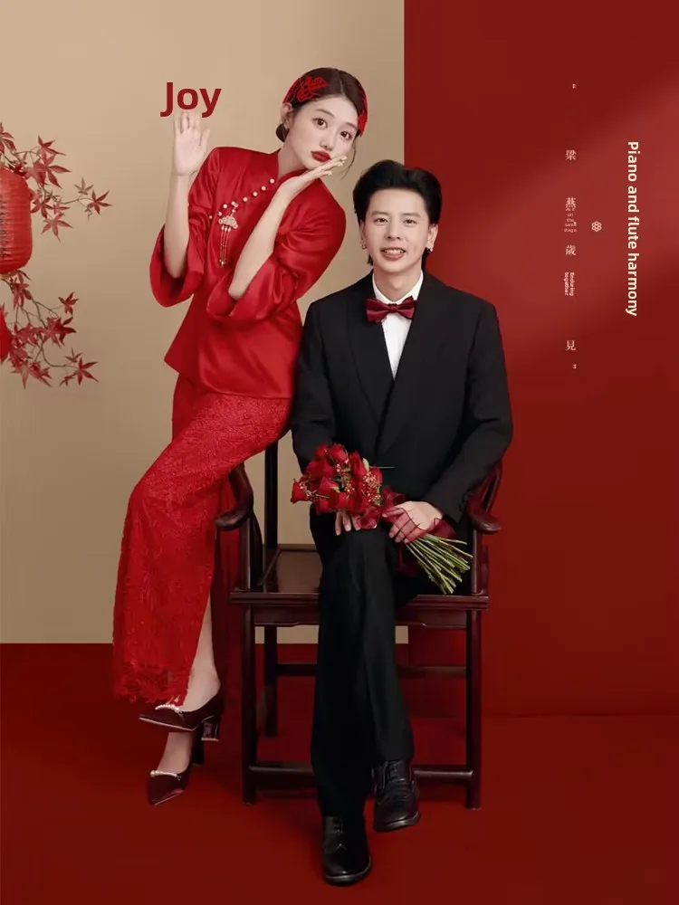 

Retro Chinese Morning Robe Wine Red Wedding Dress New Customized Bridal Gown Elegant Qipao Personality Autumn 2024 Ladies Fas...