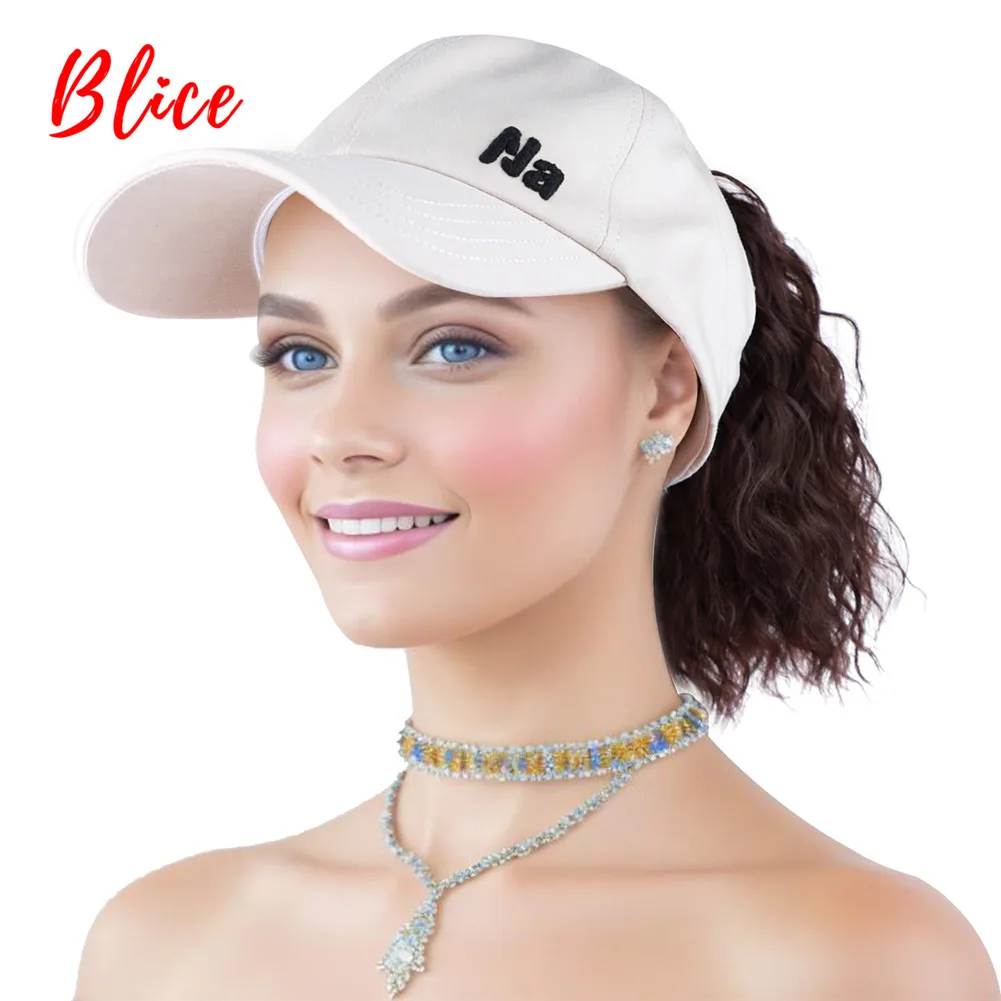 Blice All-in-one Synthetic Curly Blacke Brown Hair Ponytail Extensions Wig Kinky Travel Beach Shade Baseball Cap White Hat Wig