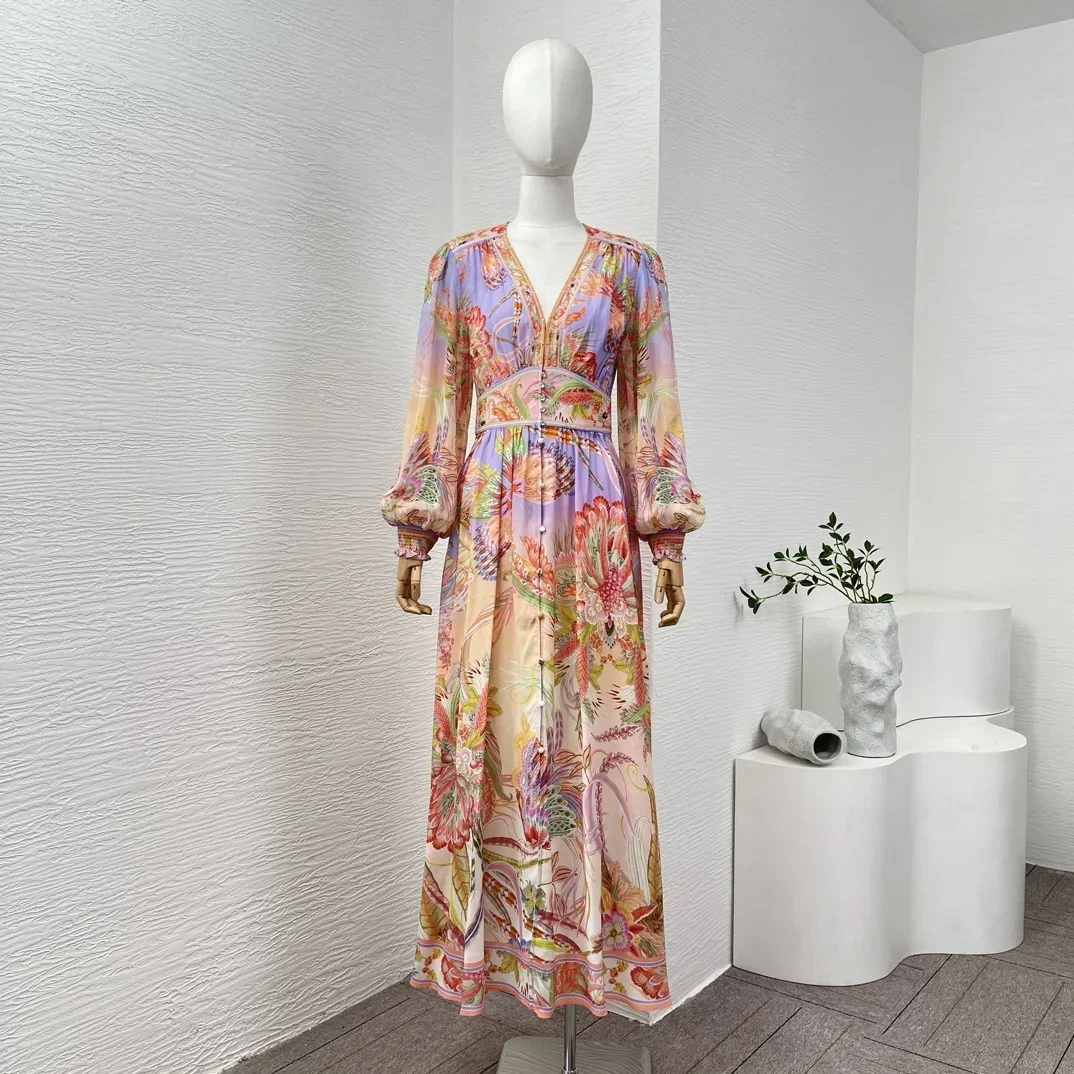 

2024 New Silk Vintage Graceful High Quality Shirred Floral Print Long Lantern Sleeve Diamonds Women Midi Dress for Holiday