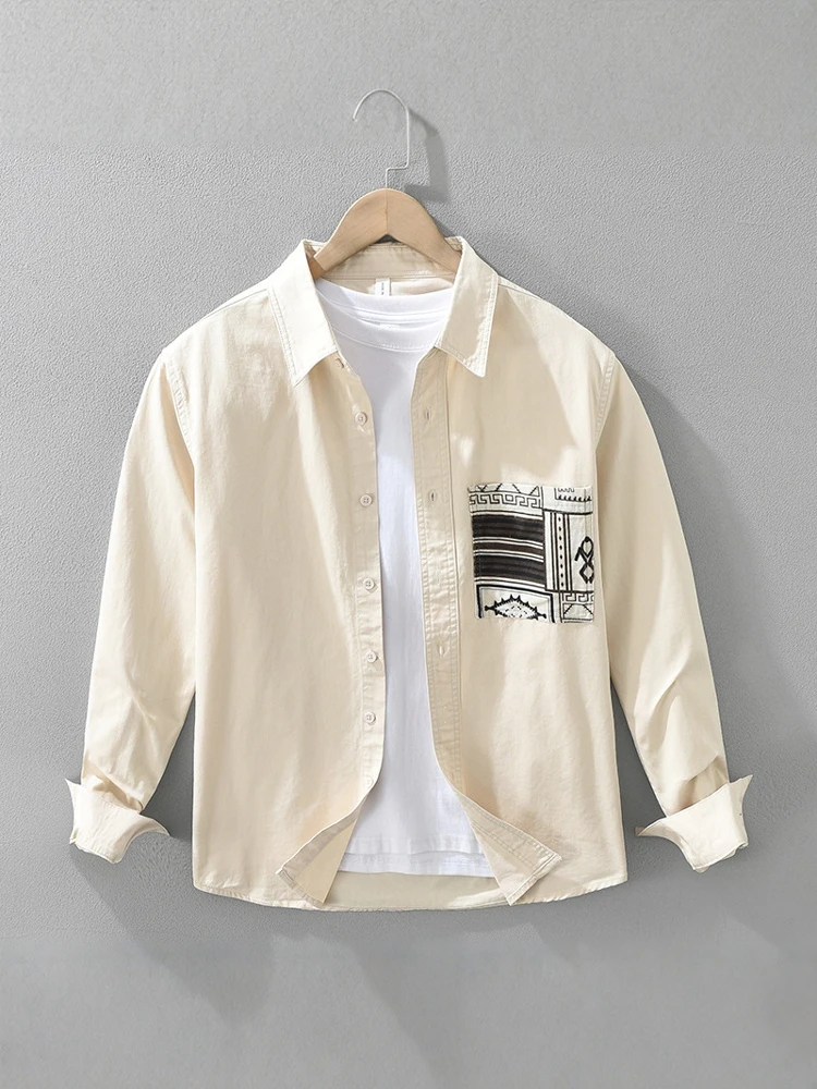 

Retro Patchwork Long Sve Men's Casual irt Loose Fit Spring Summer Outerwear Breathable Faion Urban Sle Streetwear