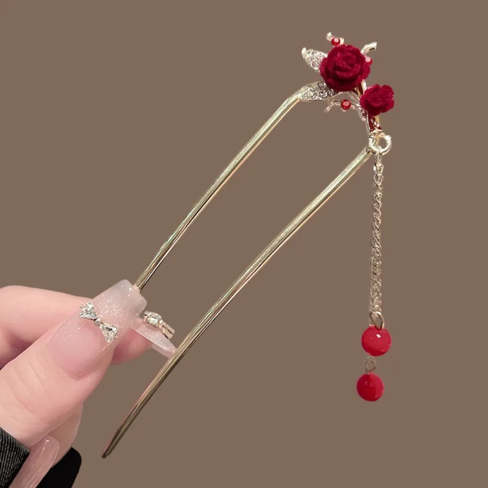 دبوس شعر وردي مخملي أحمر شرابات تصميم رومانسي مستوحى من الصين إكسسوار تقليدي أنيق يومي ساحر ومتطور #3