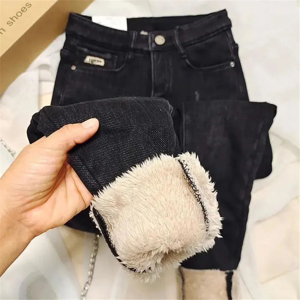 

Fleece Winter Casual Thicken Jeans Women 90s Vintage High Waist Street Harajuku Denim Pants Plus Velvet Warm Chic Denim Trousers