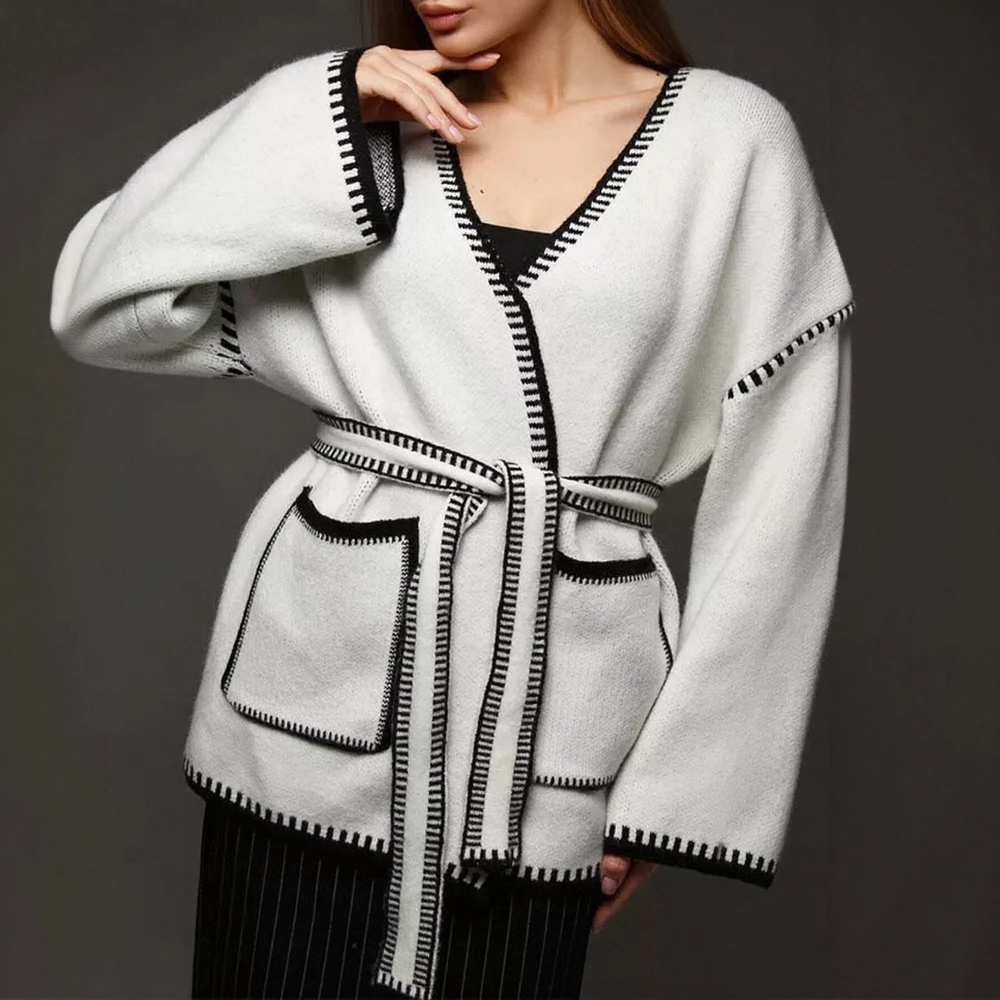 

Женское осенне-зимнее пальто K-Fashion на шнуровке с длинным рукавом и v-образным вырезом, облегающее с карманами для свиданий