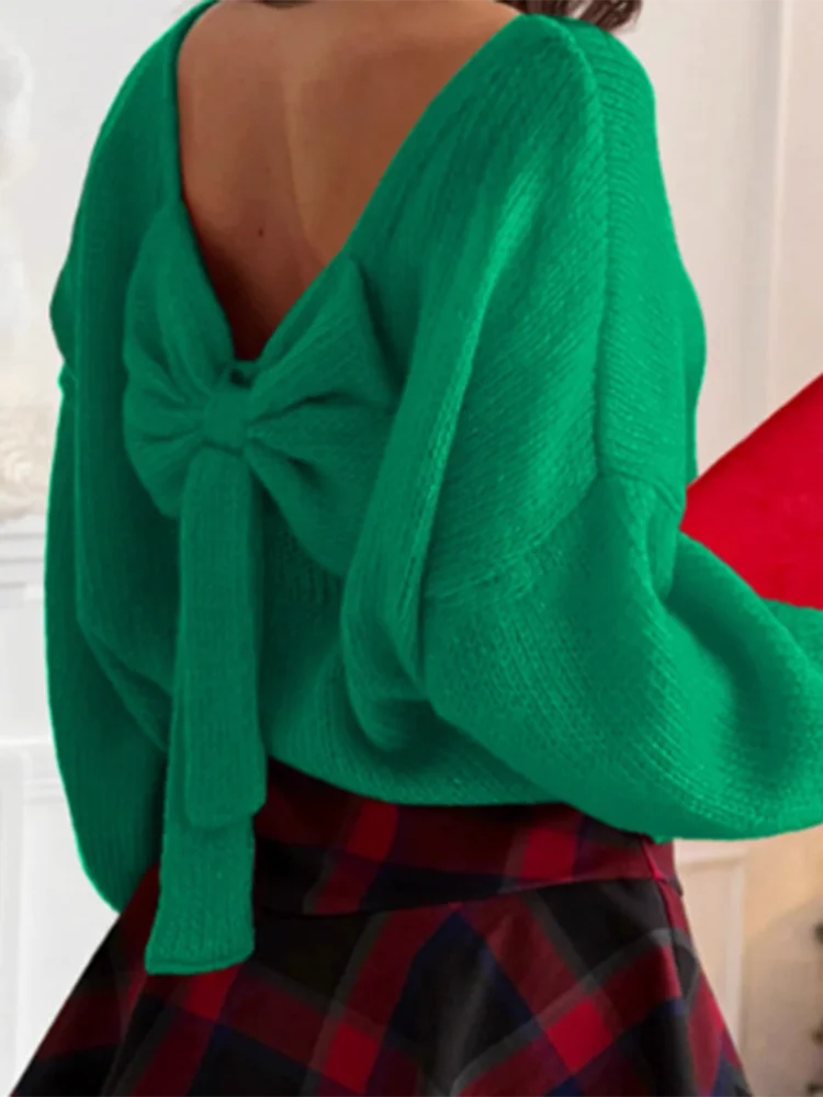 

Fashion Backless Solid Knit Pullovers Casual Long Sleeve Bow Lace Up Loose Sweater Autumn Winter 2026 New Women's Commute Jumper