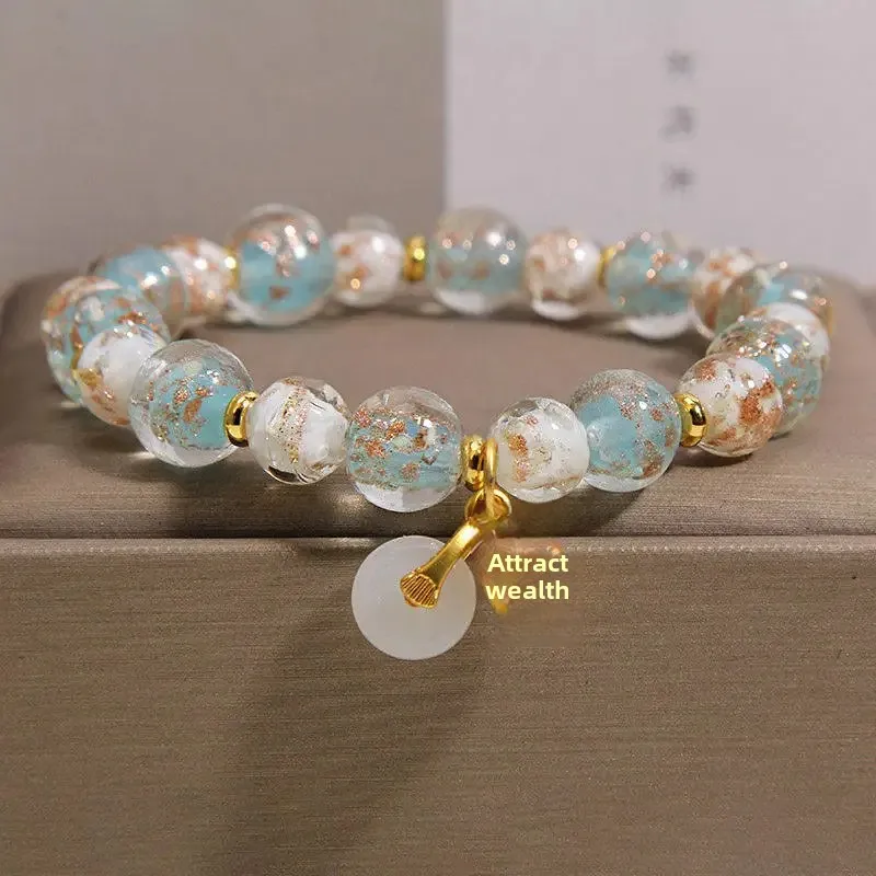 New Chinese-style Blue Luminous Glass Bracelet Women's Light Luxury Niche High-end Sense Safe Buckle Pendant Lucky Hand String
