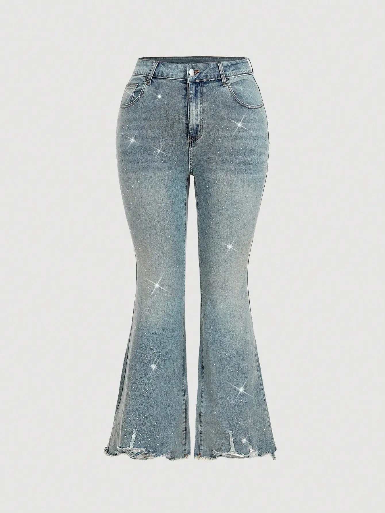 

Джинсы с эффектом кислотной стирки, украшенные стразами, расклешенные, для женщин, повседневные, летние, в ретро-стиле