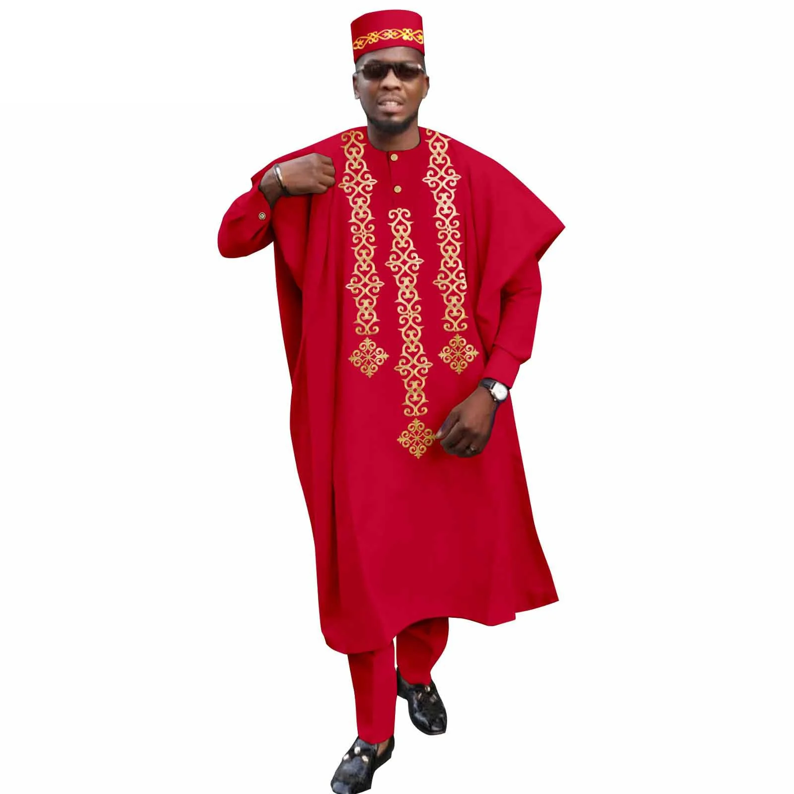 African Clothes for Men Tradition Wedding Party Clothing Bazin Robe Embroidery Ankara Pants Hats 4 Pcs Set Dashiki Nigeria