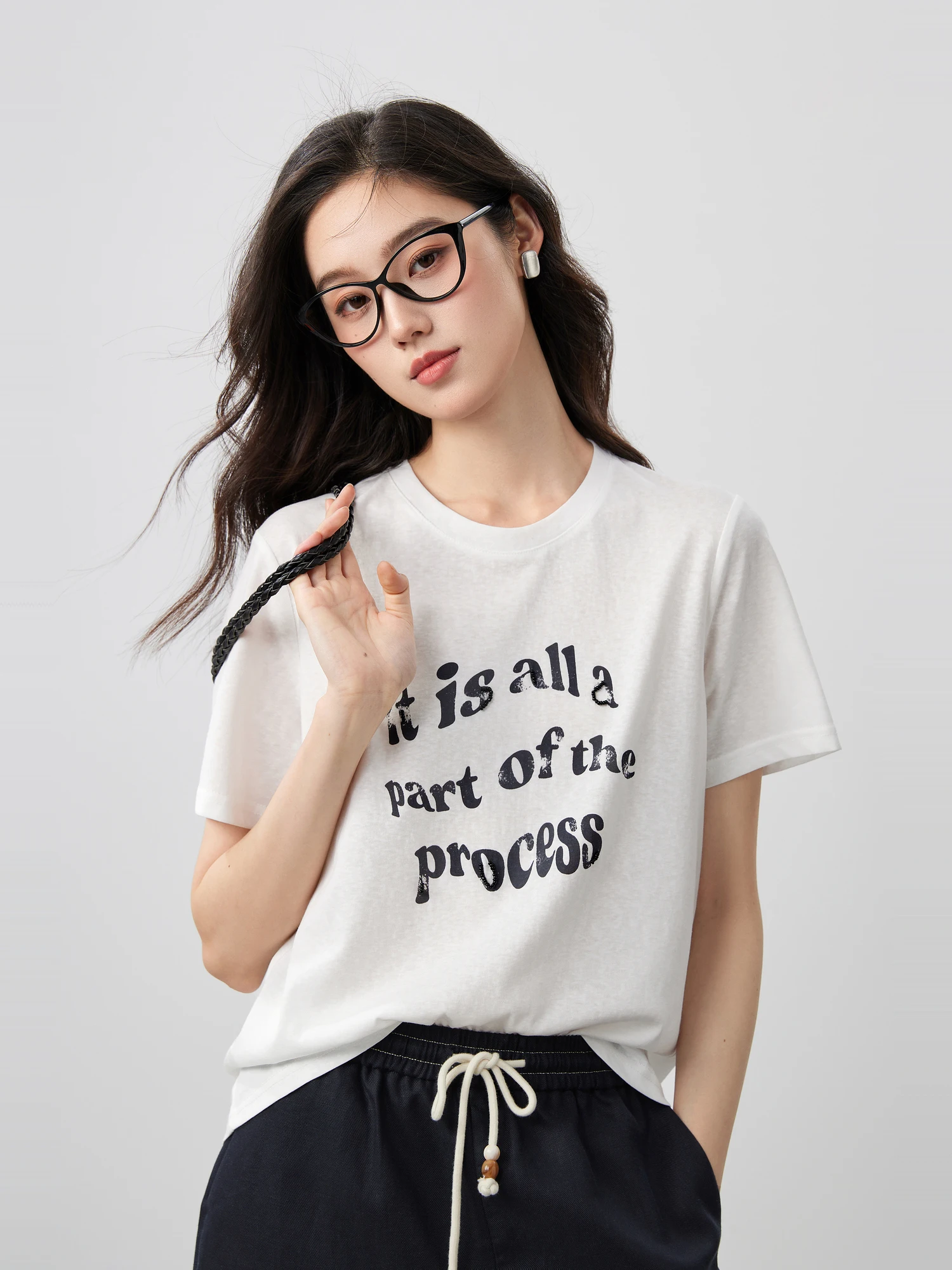 

Cloud Bamboo Cotton ort Sve T-irt Casual Sle Bead Embroidery Personalized Letter Print Thin Summer Top for Women