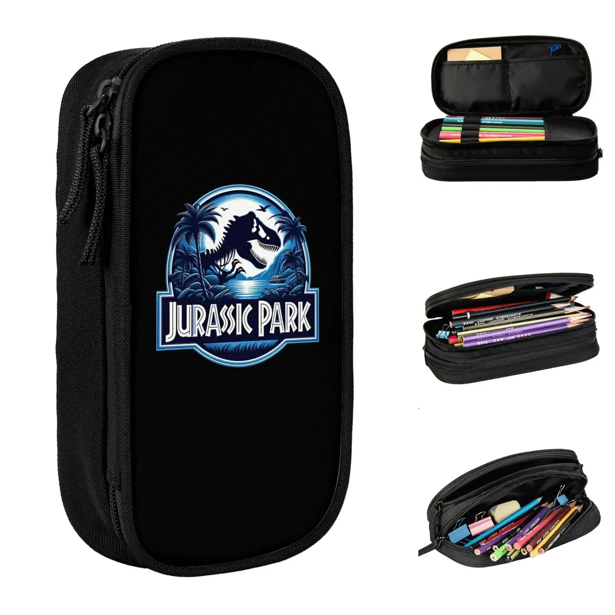 Estuche para lápices con logotipo de Jurassic Park azul, estuche para bolígrafos, bolsas para niñas y niños, estuches para lápices cosméticos escolares para estudiantes de gran capacidad