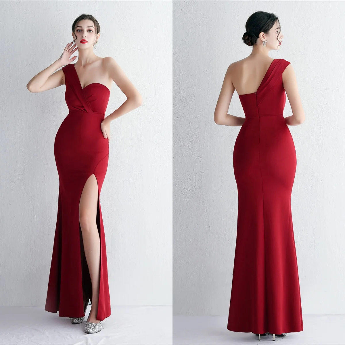 

Evening Dress Burgundy Stretchy One Shoulder Pleat Zipper Back Mermaid Trumpet Floor Length Slit Women Party Formal Gowns YE129