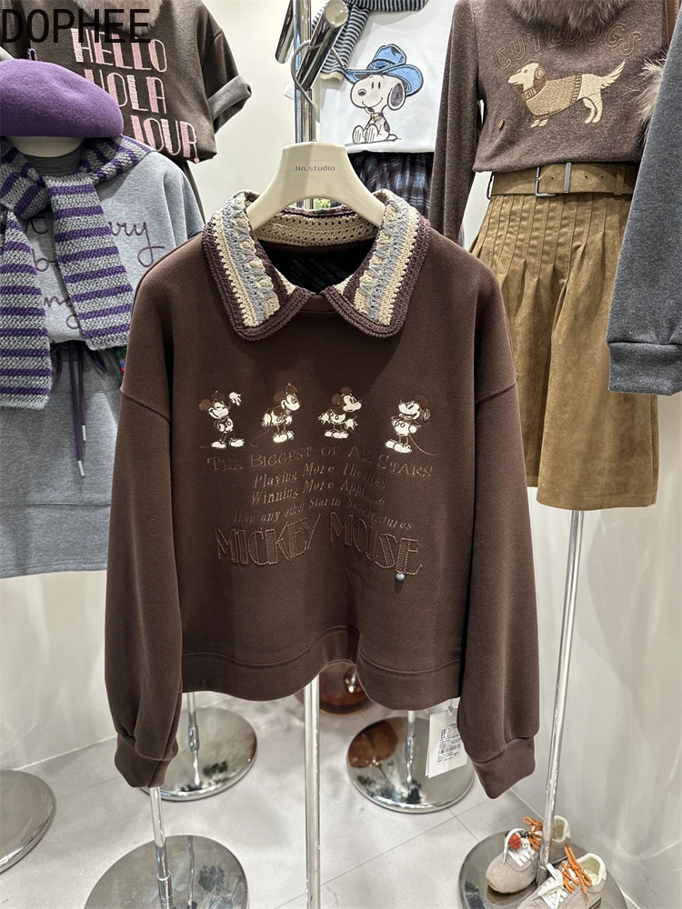 トレンディなカラーブロック折り返し襟女性プルオーバートップかわいいミッキー刺繍カジュアル学生パーカー厚いベルベットスウェットシャツ