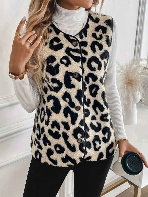 대비되는 버튼 레오파드 프린트 조끼 여성용 칼라 자켓 여름 패션 캐주얼 아우터웨어 컬러 블록 디자인 탑