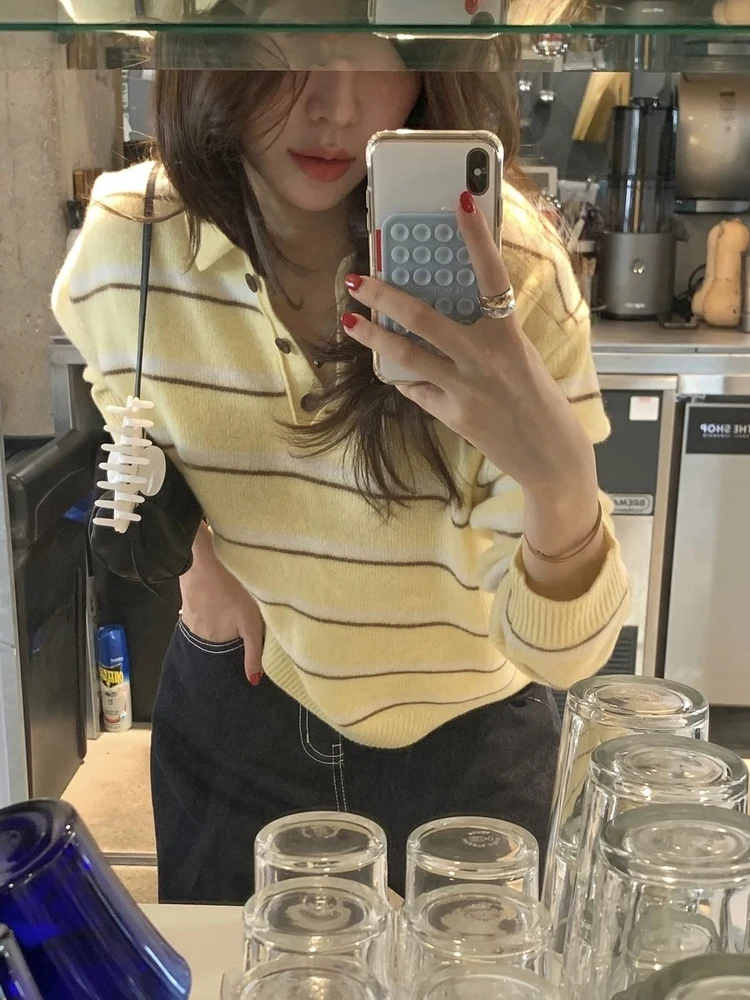 

Мягкий винтажный женский трикотаж Ne, полосатый топ, свободный крой, длинный све, осенняя женская одежда премиум-класса обычной длины Faion