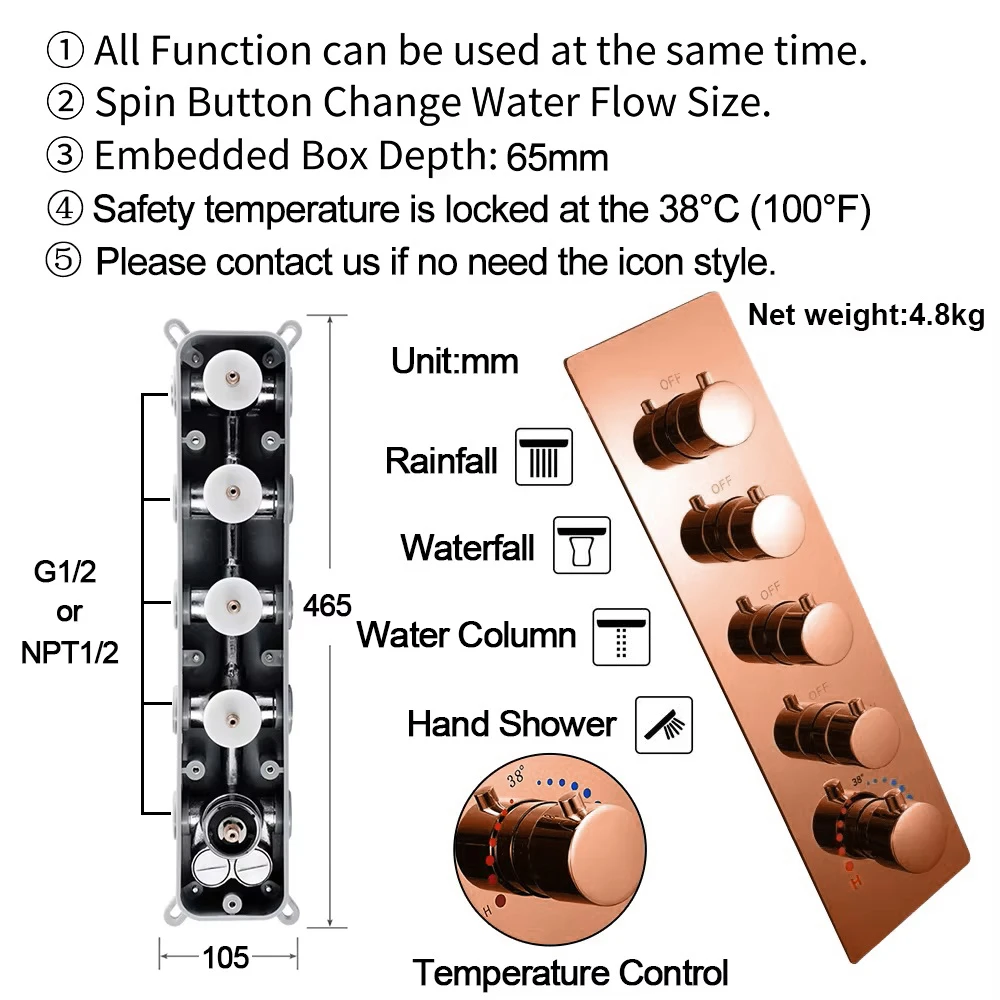 Qlonn 4 Functions Rose Gold Shower Set System Bathroom Faucet Thermostat Mixer Ceiling 35*12 Inch LED Music Shower Head Rainfall