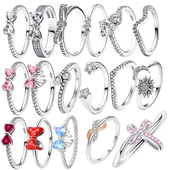 2024 새로운 925 실버 반지 지르콘 빛나는 활 반지 원래 S925 손가락 결혼 반지 DIY 여성 파인 쥬얼리 선물