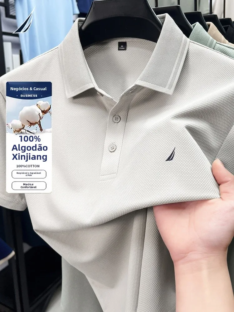 Camisa  Masculina Nautica de Verão com Padrão de Abacaxi Bordado, Manga Curta, Cor Pura, Algodão, Moda Casual para Negócios