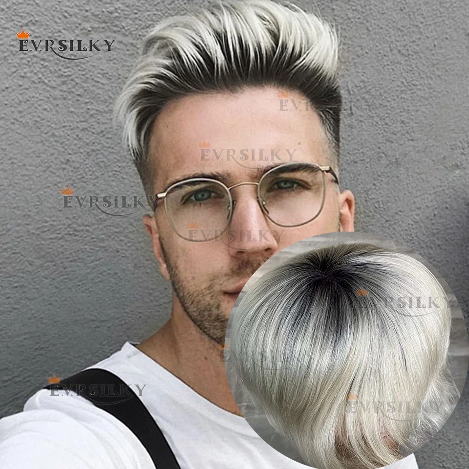 

Natural Hairline Full Lace Human Hair Ombre 1BT/60R Platinum Blonde Male Wig Super Durable 0.06mm Skin Ultra Thin 4T/613 Toupee