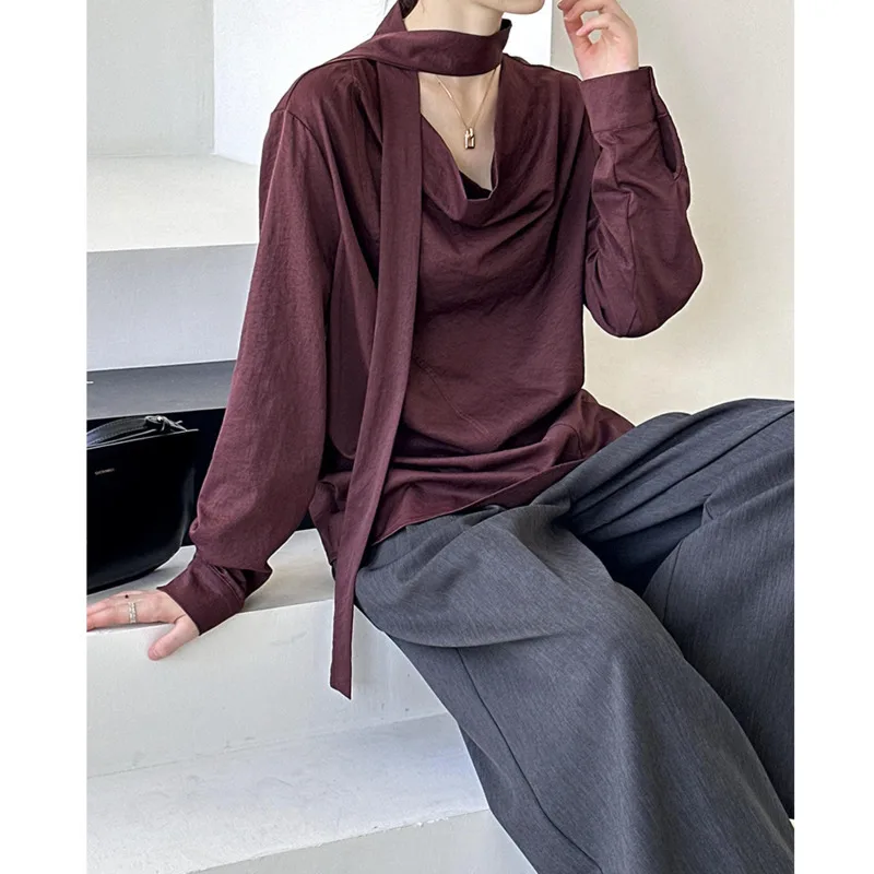 Spring Scarf Collar Halter Ribbon Blouse Women Long Sleeve Loose Straight Fashion Korean Tops