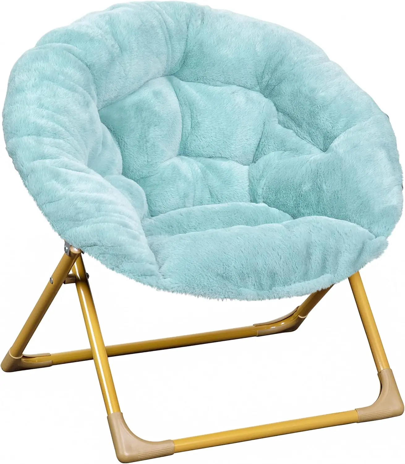

Gwen Kids Cozy Mini Folding Saucer Chair - Dusty Aqua Faux Fur Moon Chair - Soft Gold Metal Frame 23" Portable Folding Chair