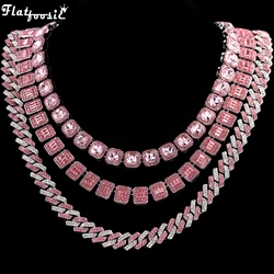 Hip Hop Pink Crystal Cuban Link Chain Necklace for Women Bling Iced Out Silver Color Rhinestone Paved Choker Necklaces Jewelry
