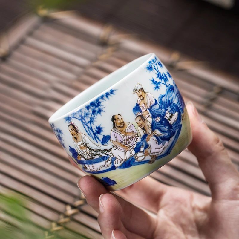 Collector's Edition Character Blue and White Tea Set Bamboo Forest Qixian Kombucha Master Cup Single Cup Tea Appreciation Cup