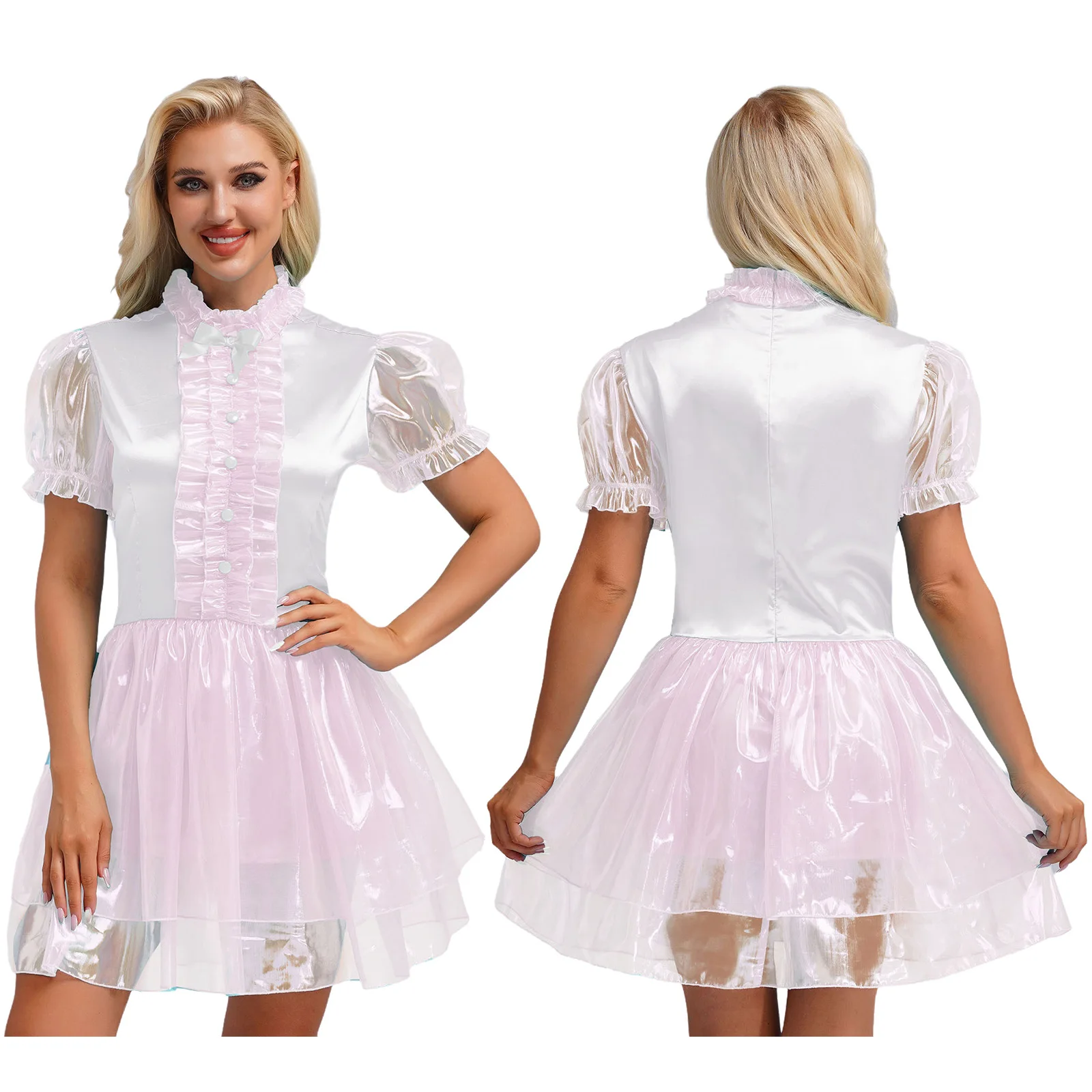 

Sweet Maid A-line Dress Adult Women Lady Bow Puffy Tutu Ruffled Frilly Mini Dress for Birthday Cocktail Party Role Play Costume