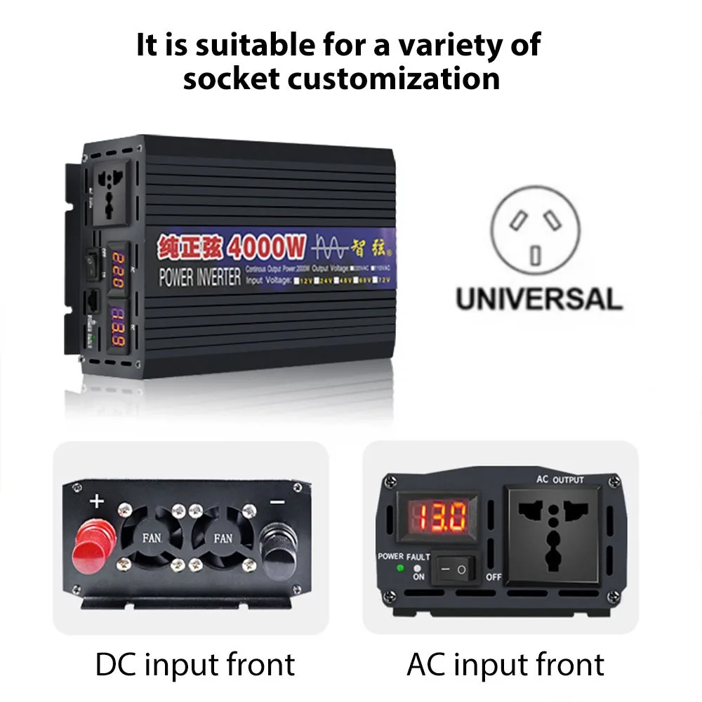 2000W/3000W/4000W Pure Sine Wave Inverter DC 12V/24V/48V to AC 220V 50hz Voltage Converter Car Solar Power Inverter