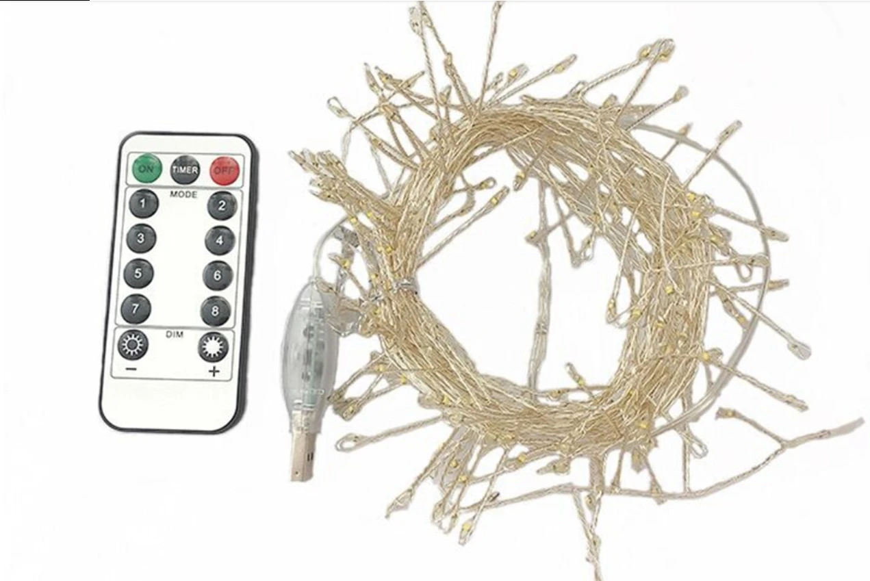 100/200 LED Firecracker Cluster Fairy String Lights USB Powered 8 Modos Holiday Firework Garland Lights para Wedding Party Xmas