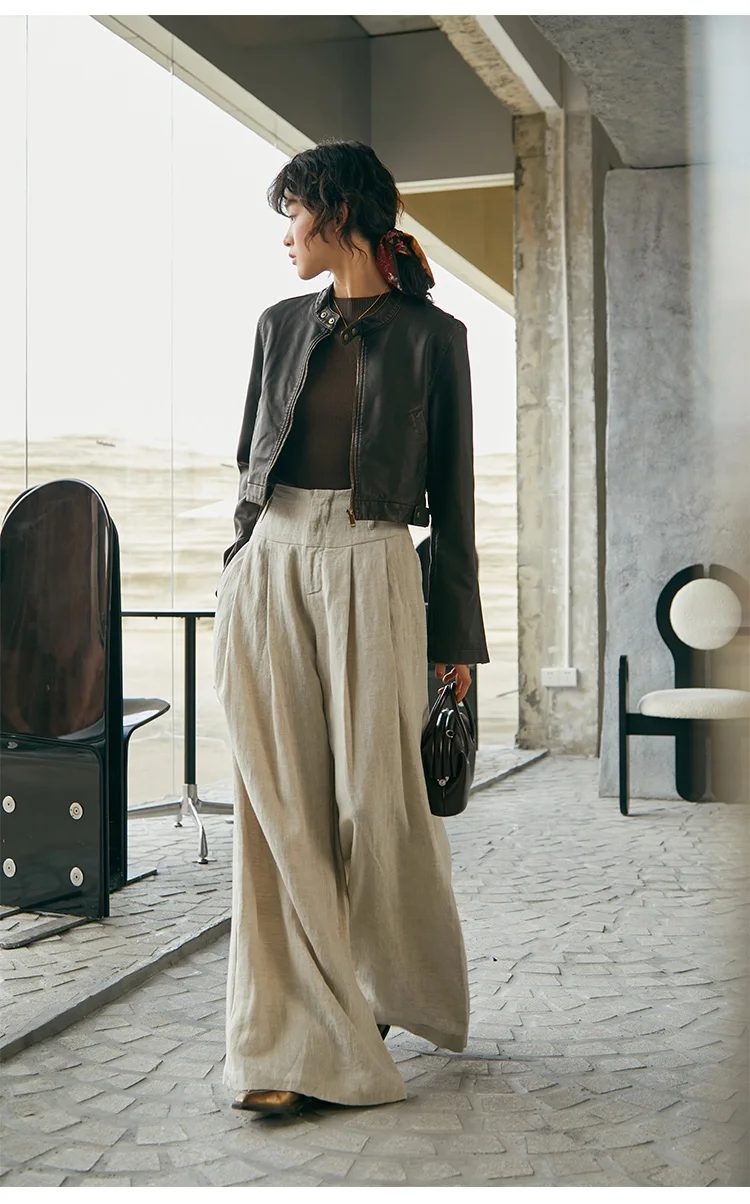 سراويل Fengbaoyu الراقية 100% من الكتان الخالص للنساء عالية الخصر بطول الأرض - سراويل كاجوال بسيطة وأنيقة وفضفاضة