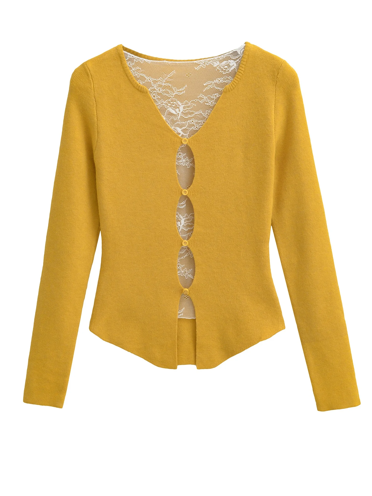 

Американский Sle Long Sve кружевной ажурный искусственный двухсекционный вязаный топ женский утягивающий универсальный повседневный свитер с v-образным вырезом