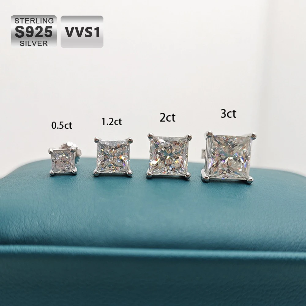 

Серьги-гвоздики Princess Cut Moissanite VVS D из стерлингового серебра 925 пробы