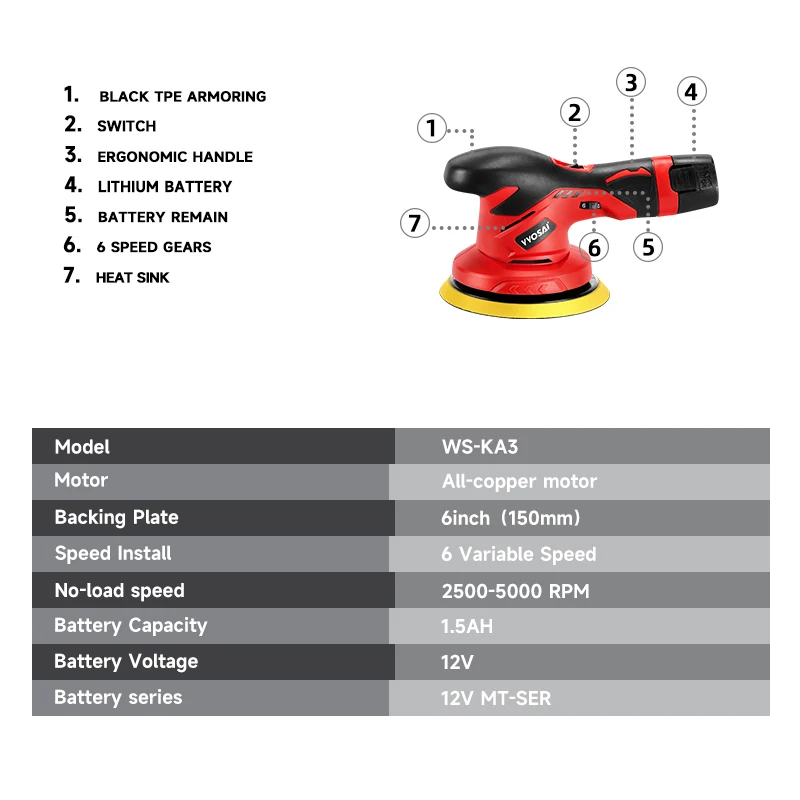 VVOSAI 12V Cordless Car Polisher 6 Speed Adjustment Electric Dual Action Wireless Car Polishing Machine and Waxing Power Tools