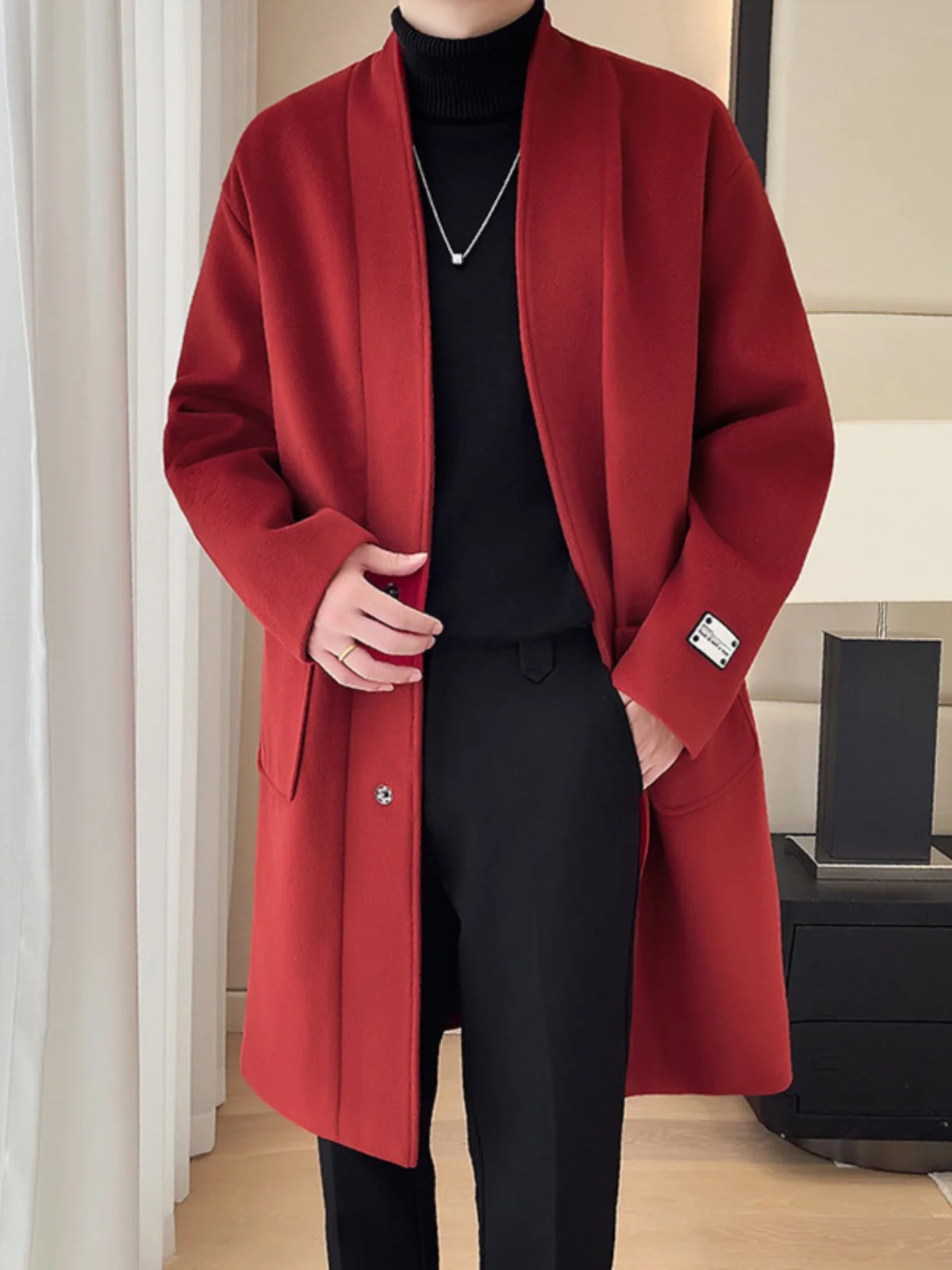 

Red Woolen Coat for Men Long Sve No Collar Thi Korean Sle Autumn Winter Outerwear Trendy New Chinese Dao Pao Jaet