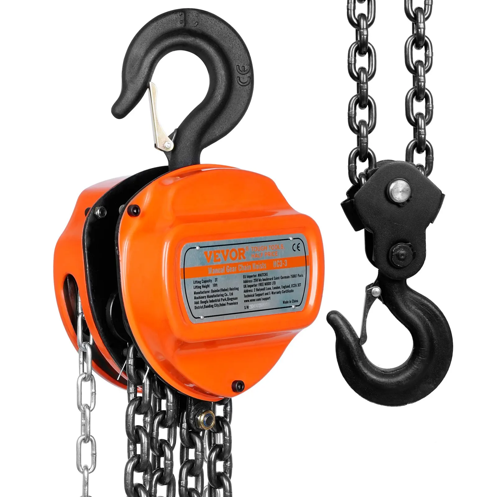 VEVOR 1/2/3T Manual Hand Chain Hoist G80 Galvanized Carbon Steel with Double-Pawl Brake Auto Chain Leading 360° Rotation Hook