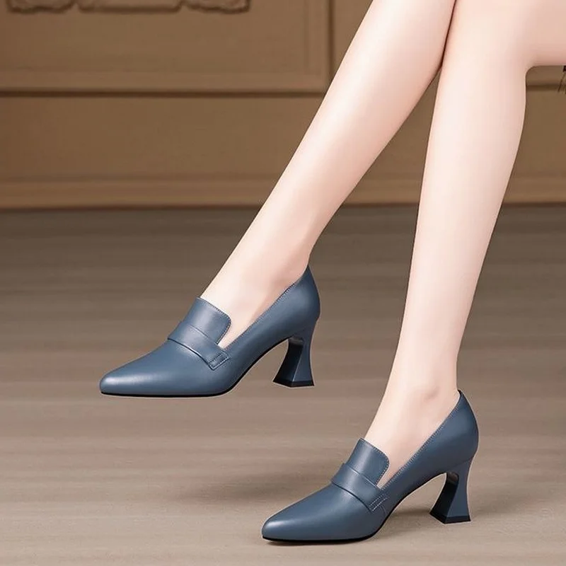 FHANCHU 2023 New Cowhide Leather High Heels,Women Pumps,Fashion Soft Bottom Shoes,Slip On,Pointed Toe,Black,Blue,Dropship