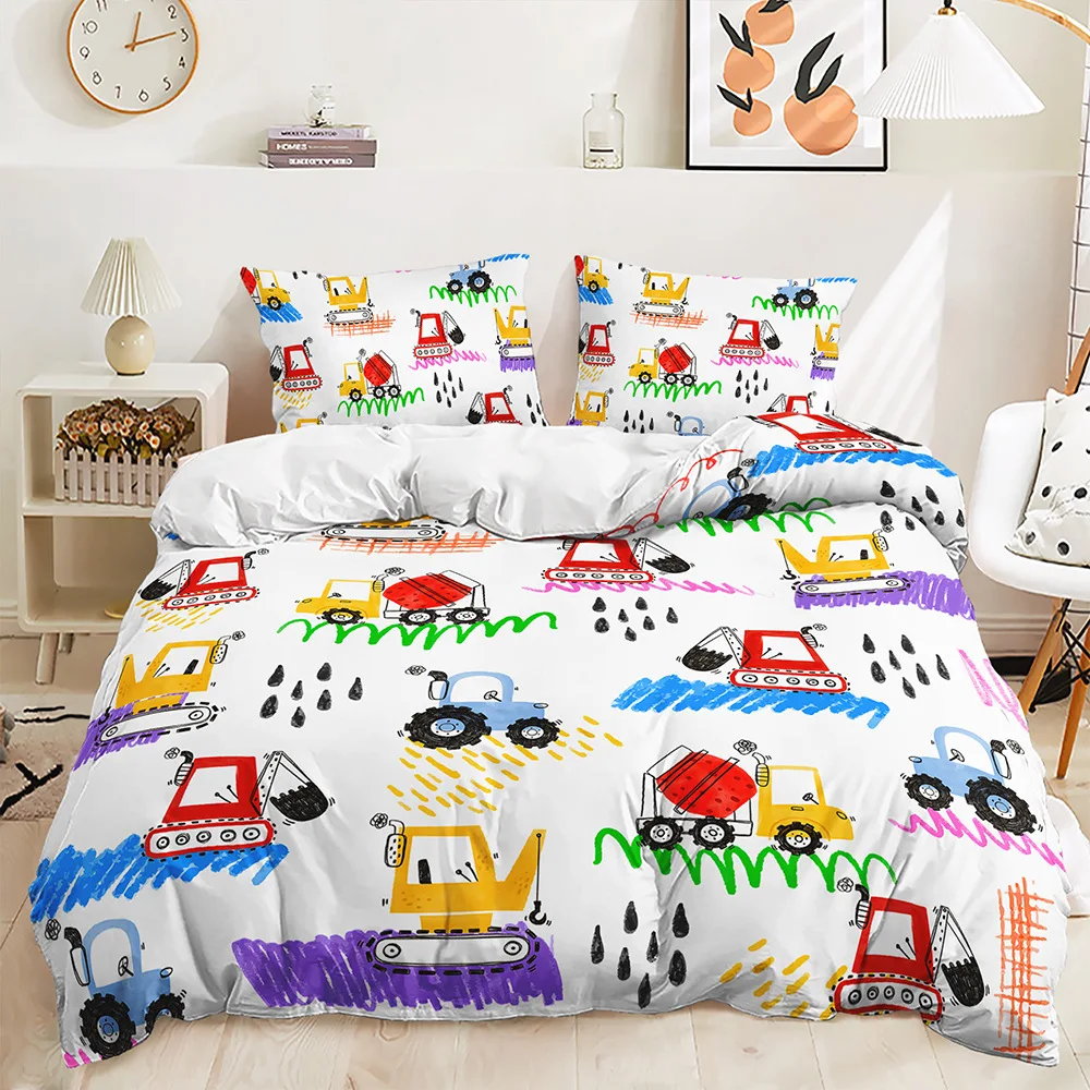 Boys Cartoon Car Bedding Set Construction Vehicles Comforter Cover 2/3pc Kids Cartoon Machinery Truck Soft Polyester Duvet Cover